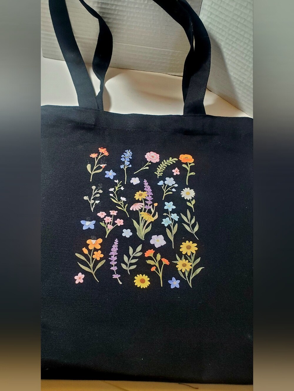 Black Floral Canvas Tote Bag - Unbranded